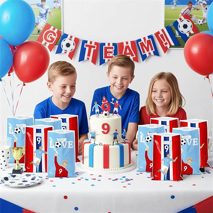 Andi Cppss Soccer Birthday Party Favor Bags - 50PCS Blue and Red Soccer Goodie Snack Bags for Team Football Gift Bag for Snacks Football Treat Bag for Kids Birthday Game Celebration Party Favors