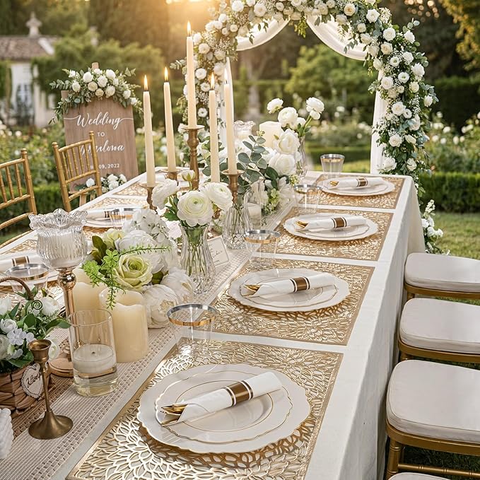 Liacere 350PCS Ivory Plastic Plates-Cream Disposable Plates With Gold Rim-50Guest Baroque Plastic Dinnerware include 100 Plates - 50 Pack Pre Rolled Napkins Silverware 50Cups for Wedding＆Mother's Day