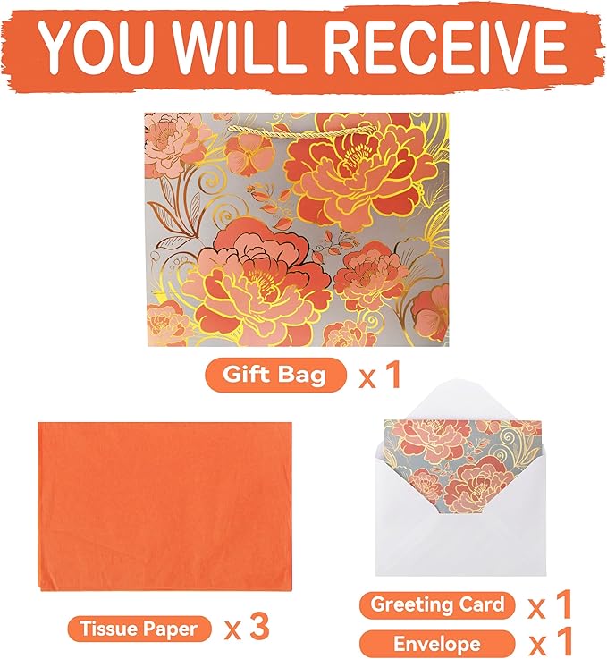 13" Large Rose Gold Gift Bag Set with Greeting Card and Orange Tissue Paper for celebrating birthdays,Mother's Day,Christmas,weddings,anniversaries,and more-13"x10.1"x5.2",1 Pcs.