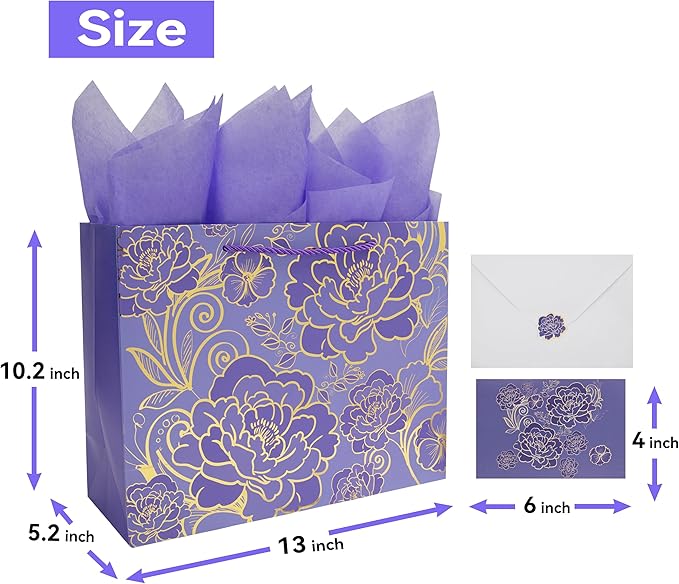 Qirrmiy 13" Large Rose Purple Gift Bag Set with Greeting Card and Tissue Paper for Women or Girls for Celebrating Birthdays, Mother's Day, Valentine's Day, Weddings, Anniversaries