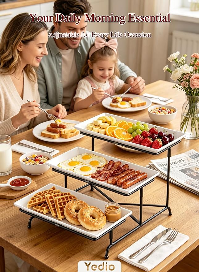 3 Tier Serving Trays for Party, Porcelain Serving Platters and Trays, 12 Inch Tiered Tray Stand, Fruit Tray, Trays for Serving Food, White Dessert Stand with Collapsible Sturdier Metal Rack