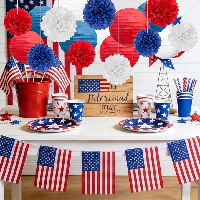 18 PCS Red White Blue Paper Lanterns & Tissue Paper Pom Poms for July 4th Independence Day, Memorial Day, Baseball Party, Patriotic Veteran Celebration Theme Party Decoration Set Supplies