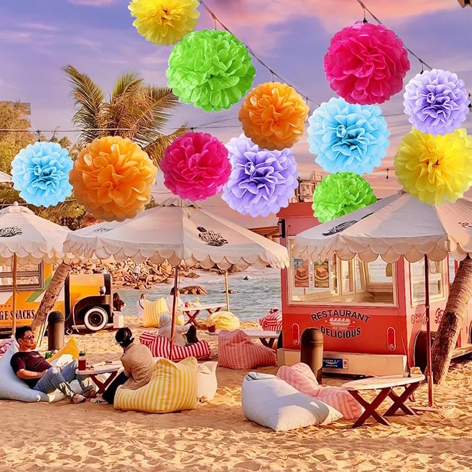 12 Pcs Tissue Paper Pom Poms Flowers for Birthday Party Mexican Party Fiesta Classroom Playroom Festive Decorations