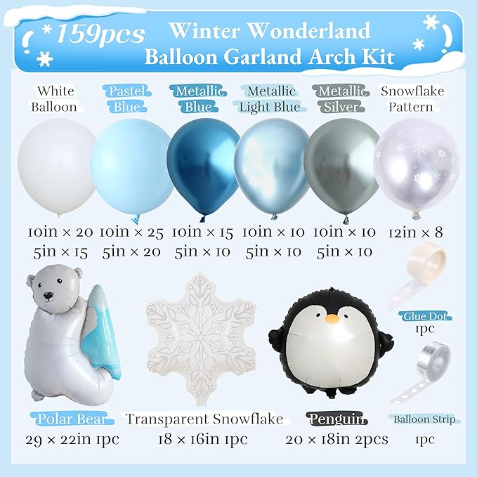 Winter Wonderland Balloon Arch Kit, 159pcs Silver Blue White Latex Balloons with Polar Bear/Penguin/Snowflake Foil Balloons for Is Cold Outside Baby Shower, Birthday, Winter Party Decorations