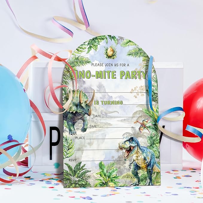 Dinosaur Birthday Party Invitations, T-Rex Theme Birthday Invitations for Boys, Please Join Us For A Dino-Mite Party, 20 Fill-In Dinosaur Party Decorations Supplies (arch)