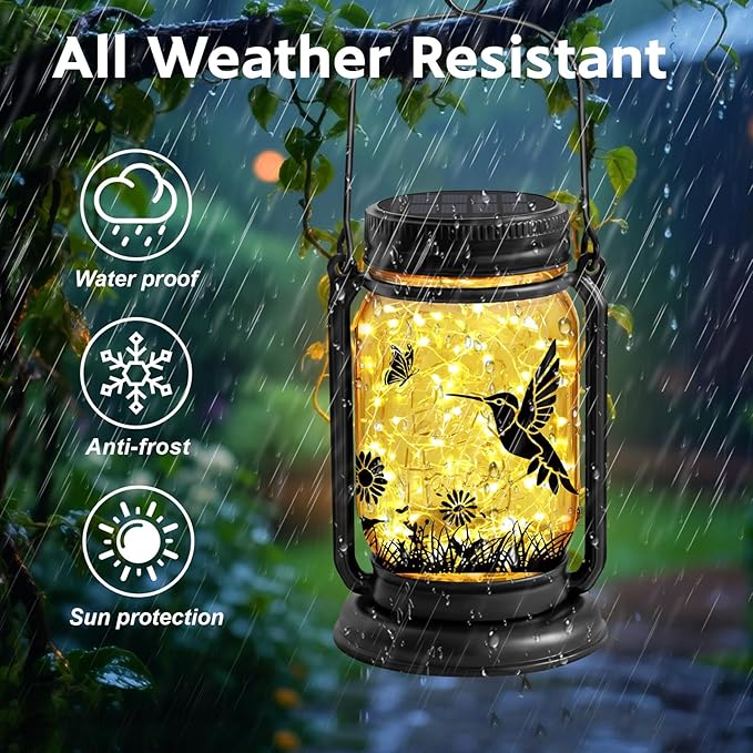 Hummingbird Solar Lanterns 3-in-1 Outdoor Waterproof - Birthday Gifts for Women Mom Christmas, Mason Jar Hanging Lanterns with Stake, Garden Decor Lights for Patio Yard Porch Lawn Balcony Decorations