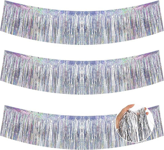 BEISHIDA 3 Packs 30 Feet Metallic Foil Fringe Garland Tinsel Streamers，Laser Silver Wall Hanging Tinsel Fringe Banners for Wedding Birthday Party Decoration Halloween Christmas New Year