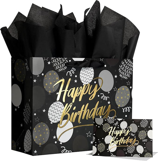 Bobobag 13" Black Birthday Gift Bag with Tissue Paper and Greeting Card for Men, Gift Ideals for Adults, Boys and Kids