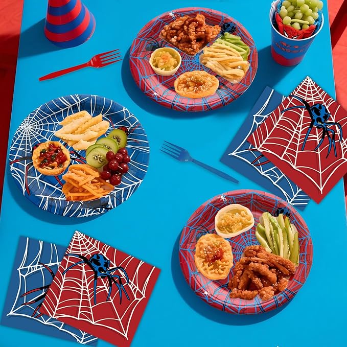 96 Pcs Spider Party Supplies Disposable Tableware Set Serve 24 Guests Include Spider Web Paper Plates and Napkins Plastic Forks for Birthday Party Baby Shower Halloween Decorations(Classic)