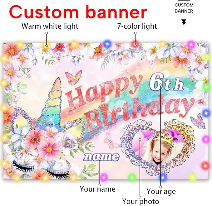 Dicodes Custom Unicorn Birthday Decorations for Girls,Personalization Unicorn Birthday Banner,Unicorn Theme Princess Birthday Decorations for Girls, 4x6ft/5x7.5ft/6x9ft/7x10.5ft/8x12ft