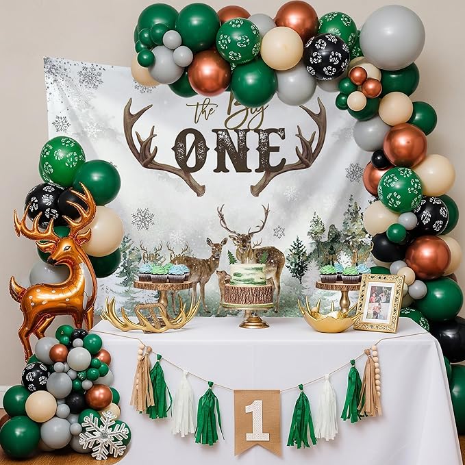 Mocsicka Deer 1st Birthday Backdrop Advenrture Winter Forest Deer Party Decoration The Big One Deer Antlers Rustic 1st Birthday Banner Bakground (Green, 7x5ft(82x60 inch))