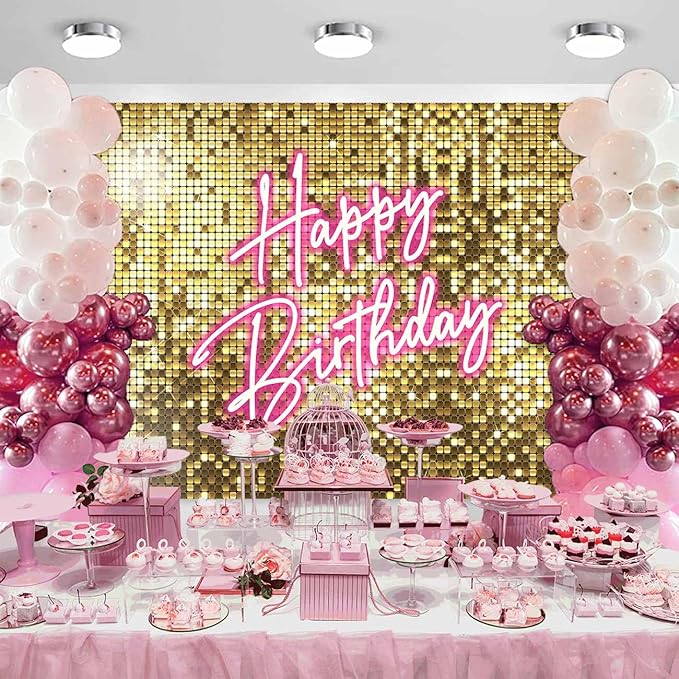 Sensfun Gold Flash Pink Neon Happy Birthday Backdrop for Photography Shining Sequins Shimmer Wall Bday Background Princess Girls Women Birthday Party Decorations Banner Photo Studio Props 10x7ft