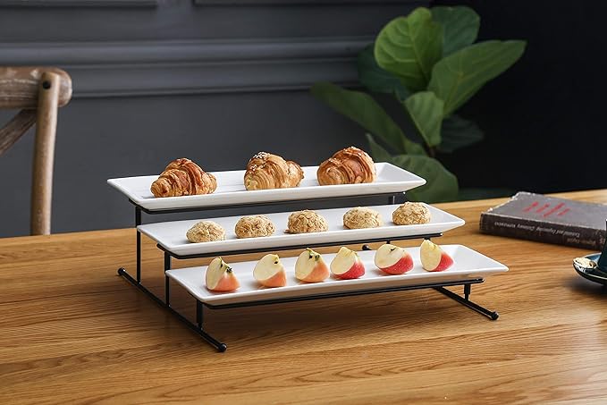 3 Tier Collapsible Thicker Sturdier Plate Rack Stand with Plates - Three Tiered Cake Serving Tray - Dessert Fruit Presentation - Party Food Server Display - 3 White 12' x 6" Porcelain Platters Incl