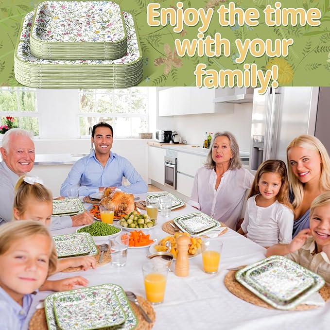 Umigy 100 Pcs Paper Plates Flower Dinner 9'' Floral Disposable Paper Plates 7'' Square Dessert Set for Dinner Birthday Wedding Baby Shower Party Tableware(Green,Wildflower)