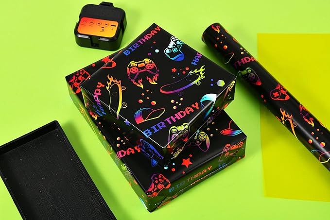 Titiweet Gaming Birthday Wrapping Paper for Boys Girls, 17 Inches x 33 Feet Black with Vibrant Game Controller, Skateboard & Cap Design Wrapping Paper for Game Lover