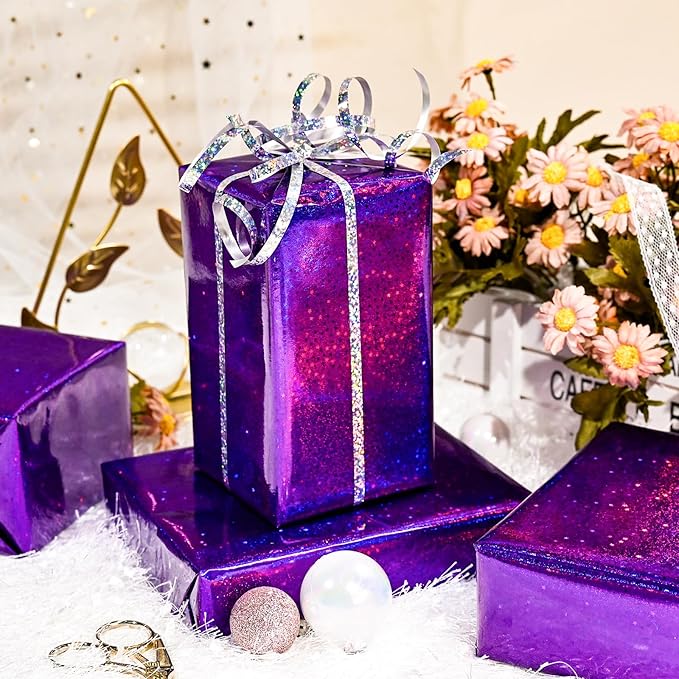 Burymento Purple Wrapping Paper Roll, Metallic Holographic Star Gift Wrap for Birthday, Valentines, Mothers day, Graduation, Wedding, Fathers day, Baby Shower, Christmas (17 IN x 32.8 FT)