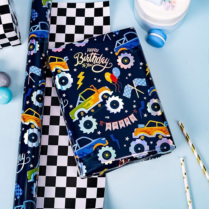 MAYPLUSS Monster Truck Wrapping Paper Roll, Reversible Checkered Flag Birthday Gift Wrap, Perfect for Kids and Boys Birthdays, 17 Inch x 33 Feet