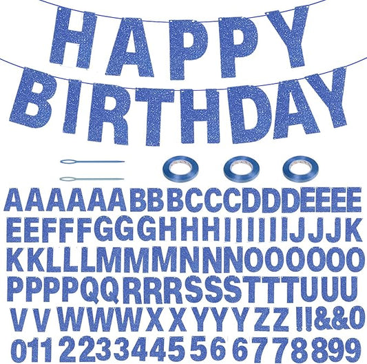 116 Pcs DIY Glitter Custom Banner Kit - Customize with 111 Letters and Numbers, 3 Rope, 2 Threading Devices for Personalized Decor - Halloween, Birthday (Blue)