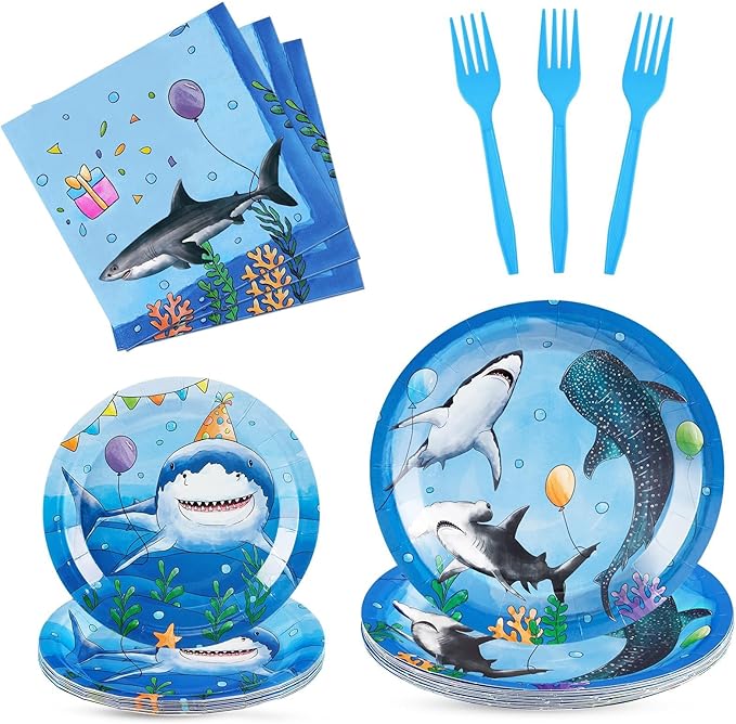WERNNSAI Shark Birthday Party Decorations - 64PCS Shark Plates Napkins Forks Under the Sea Theme Party Supplies for Kids Boys Summer Baby Shower Birthday Decor Serves 16 Guests