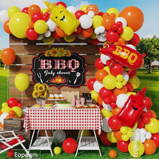 BBQ Balloon Garland Arch Kit 145Pcs Red and Yellow Balloons with BBQ Pig and Sauce Bottle Foil Balloons for Picnic Boy or Girl Barbeque Gender Reveal Baby Q Baby Shower Party Decorations