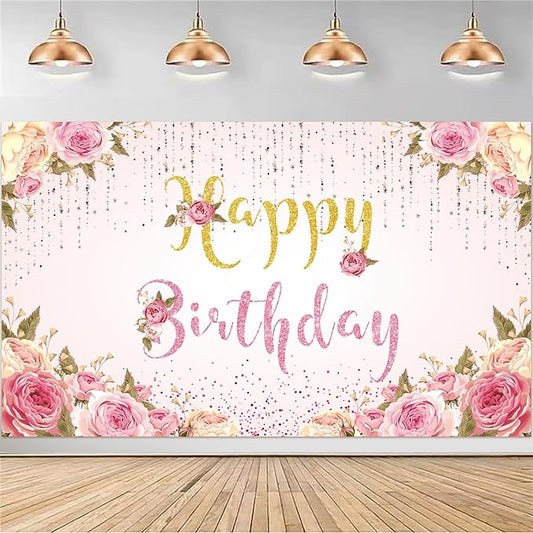 Happy Birthday Banner Pink Birthday Party Backdrop for Women Girls birthday sign Courtyard Photography Background Indoor Outdoor 71 x 47 inches