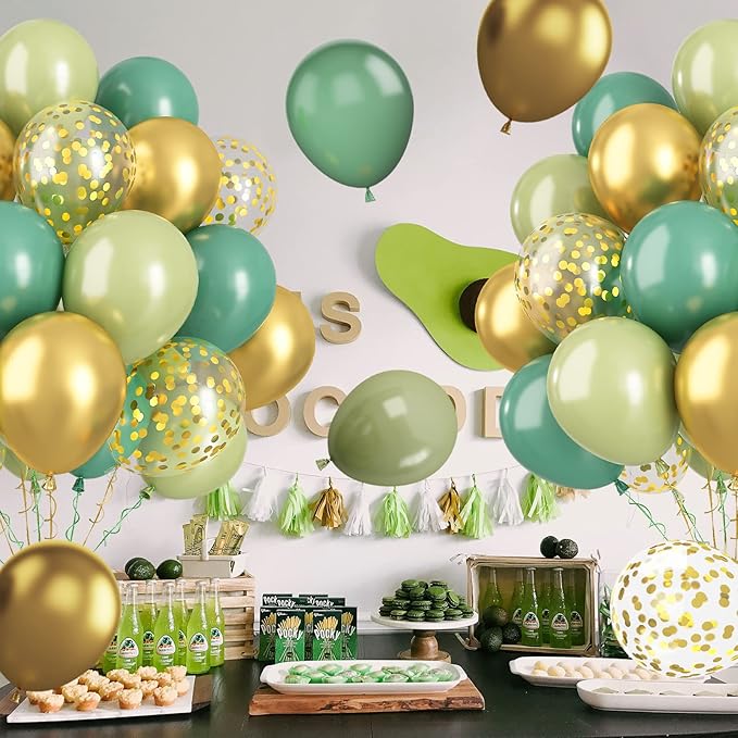 Paready Sage Green Gold Balloons, 60 Pcs 12 Inch Retro Green and Metallic Gold Confetti Balloons, Retro Avocado Party Balloons for Jungle Birthday Baby Shower Animal Wild Theme Decoration Wedding