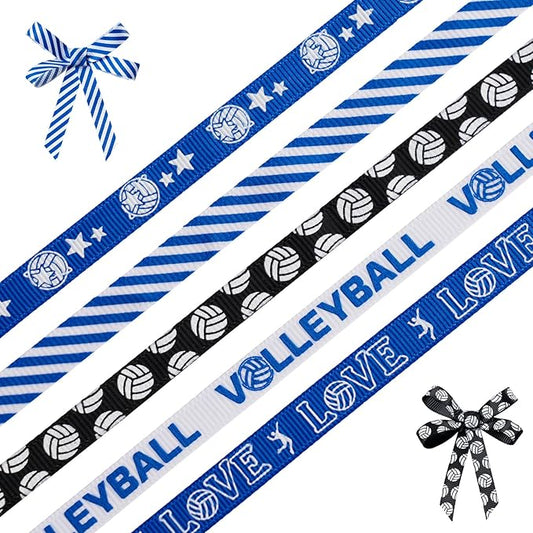 Volleyball Ribbons 5 Rolls 25 Yards, 3/8" Blue Grosgrain Cute Sports Volleyball Ribbons for Gift Wrapping Making Hair Bows Sports Theme Party Decor