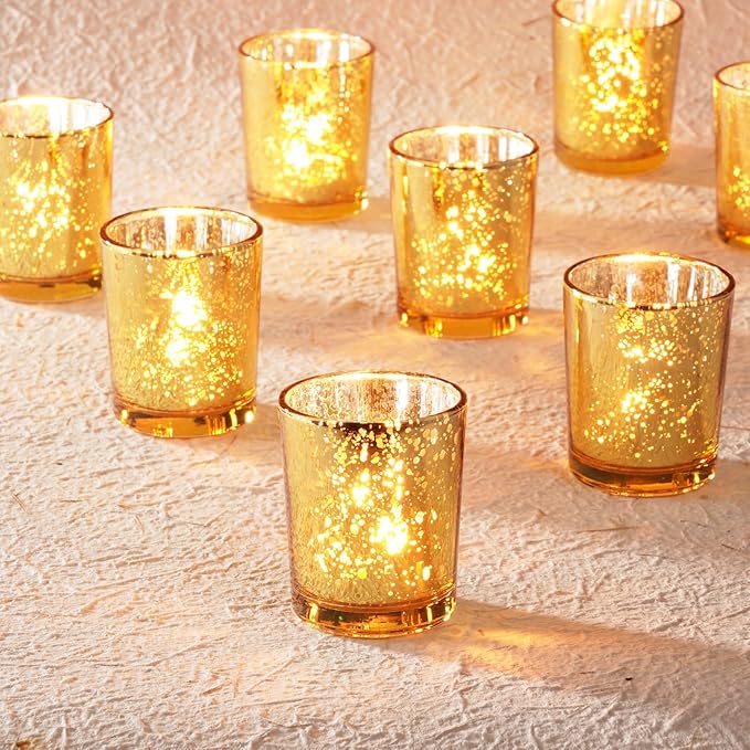 Homemory 12 Pcs Gold Votive Candle Holders, Mercury Glass Candle Holder, Tealight Candle Holders for Table Centerpieces, Baby Shower, Party, Anniversary, Wedding, Home Decor, Halloween, Christmas