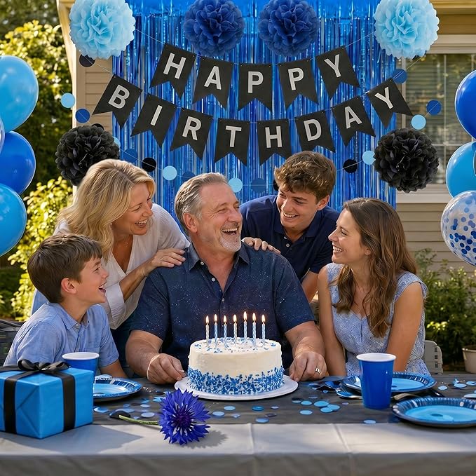 ANSOMO Blue and Black Happy Birthday Party Decorations for Boys Men Banner Balloons Navy Royal Light Blue Pom Poms Foil Curtain Décor Supplies 13th 16th 18th 20th 30th 40th 50th 60th 70th 80th