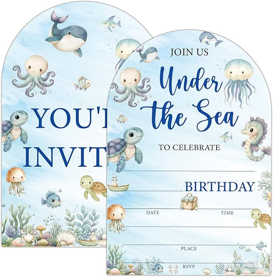 Under The Sea Birthday Party Invitations, Ocean Animals Birthday Invitations for Boys Girls, 20 Fill-In Invitation Cards with Envelopes, Under the Sea Party Decorations (arch)