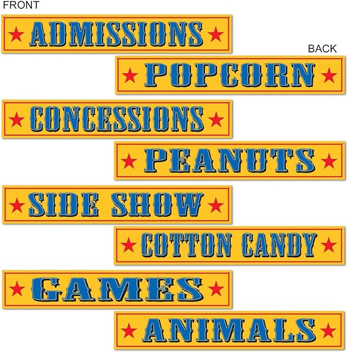 Beistle 4 Piece Circus Theme Sign Cut Outs for Birthday Party Decor, 4" x 24", Yellow/Blue/Red
