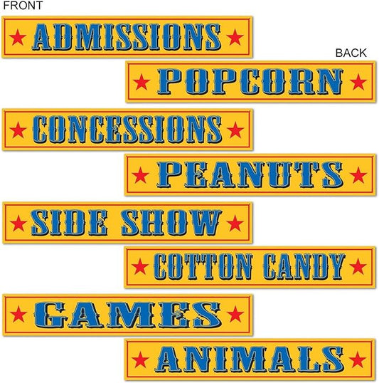 Beistle 4 Piece Circus Theme Sign Cut Outs for Birthday Party Decor, 4" x 24", Yellow/Blue/Red