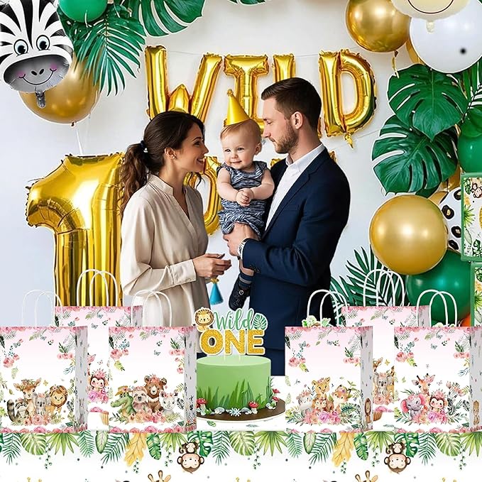 16 Pcs Jungle Animals Goodie Bags Jungle Themed Party Favor Bags with Handles Zoo Animals Print Gift Bag for Birthday Wedding Festival(Pink, 16)