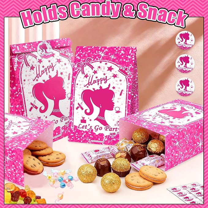 We1stdsee 24 Pack Pink Girl-Themed Party Goodie Bags with Sealing Stickers, Candy Treat Party Favor Bags for Kids Girls Birthday Party Decorations Supplies