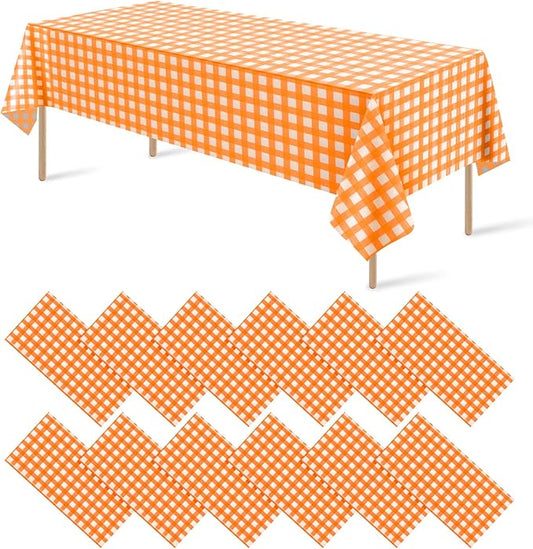 12 Pack Orange Plastic Checkered Tablecloth, Premium Decorative Disposable Orange Gingham Plaid Table Cloths for Parties, Rectangle Party Table Cover for Fall Thanksgiving Picnic Birthday, 54x108 Inch