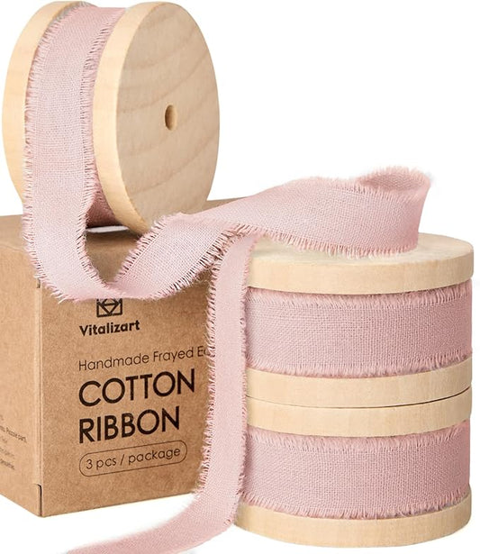 Vitalizart Pink Cotton Ribbon Handmade Fringe 5/8" x 21 Yd Pure Natural Cotton Ribbons for Valentines Days Gift Wrapping Wedding Invites Bridal Shower Bouquets Holiday Decor Light Pink