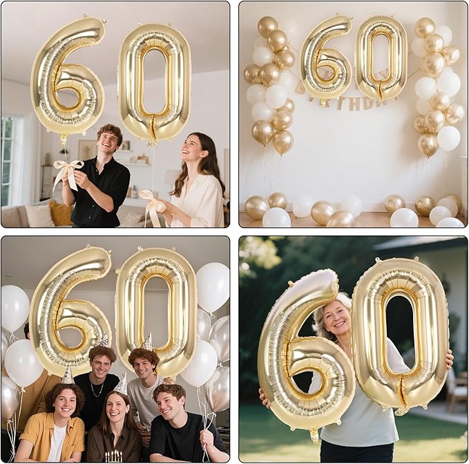 Champagne Gold Large Number 60 Balloon, 40 Inch Light Gold Foil Helium Number Balloons, Giant Mylar Number 60 Balloons for 60 Years Old Birthday Party Anniversary Decorations (Champagne Gold 60)