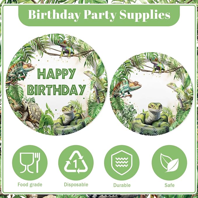 MEHOFOND Reptile Birthday Party Decorations - Happy Birthday Reptile Snake Plates and Napkins - Snake Turtle Palm Leaf Jungle Paper Plates Cups with Tablecloths, Reptile Bday Party Supplies, Serve 24