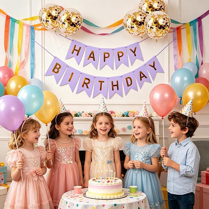 Happy Birthday Banner Sign Bunting Hanging Decorations with Shiny Gold Balloons Birthday Party Sign Decor for Party Supplies(Purple)