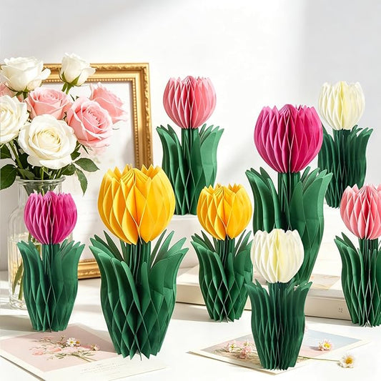 SUNBEAUTY 8 PCS Flower Honeycomb Decor Tulips Table Centerpieces Spring Decoration for Home Office Paper Flower Tulip Honeycomb Decor for Garden Party, Mother's Day Decoration