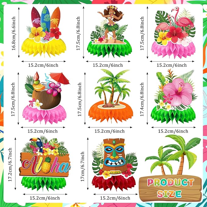 JULMELON 8PCS Hawaiian Luau Party Decorations Honeycomb Centerpieces, 3D Double Side Luau Centerpieces for Tables Tropical Hawaiian Birthday Themed Party Decorations Supplies