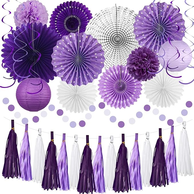 MEIDUO 34 Pcs Purple Decorations for Party, Hanging Paper Lanterns Fans Pom Poms Set, Purple and White Graduation Decorations, Lavender Birthday Decorations for Women Girls