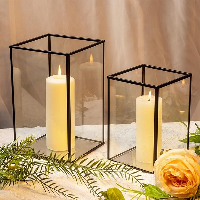 Phosphor Hurricane Camdle Holder Set of 2 Pieces, Black Glass Candle Holder for Wedding, Party, Holiday.