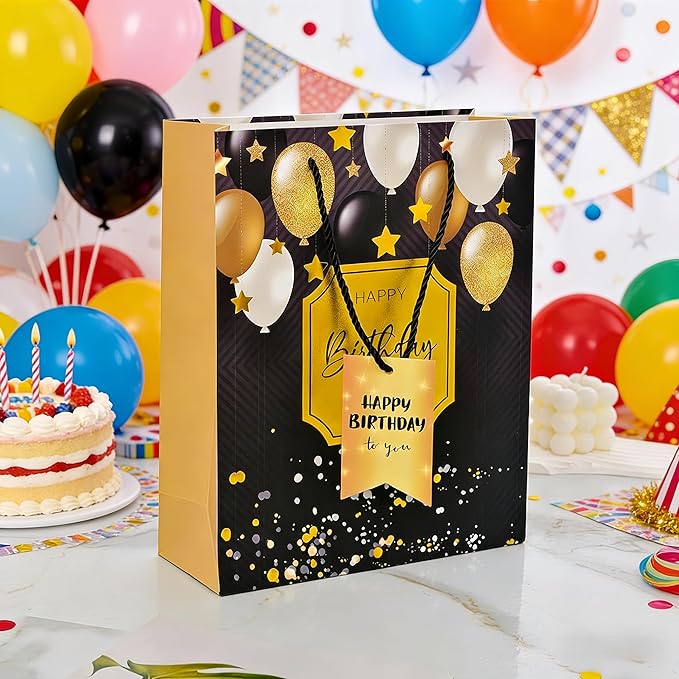Treelement Happy Birthday 4 Pcs Assorted Designs Gift Bags Set, 7×3.4×9.5 Inch Gift Wrap Bags with Tissue Paper and Tags for Birthday Party Presents of Kids, Friends, Family