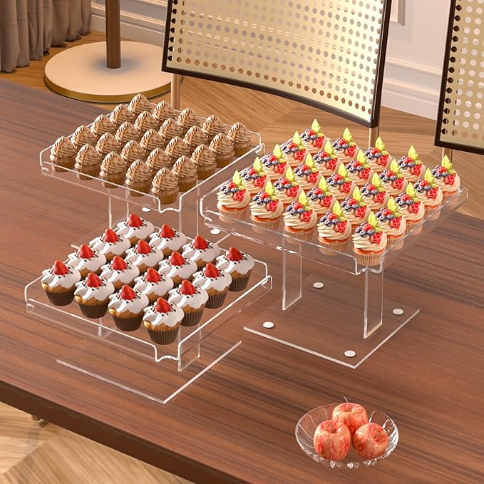 3 Pieces Acrylic Cupcakes Stand – 12 Inch Dessert Table Display Set Wedding & Event Display for Macarons, Pastries – Commercial-Grade Buffet Riser (Holds 54+ Cupcakes)