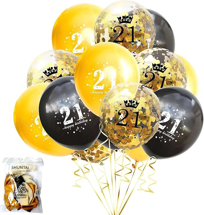 SHUNTAI 21st Birthday Balloons Black and Gold 21st Birthday Decorations for Him Her Latex Gold Confetti Balloon 21 Years Old Theme Happy Birthday Party Supplies 15 Pack 12 Inch