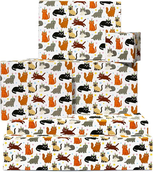CENTRAL 23 Cat Wrapping Paper - Party Cats, Colorful, Silly - 6 Sheets of Giftwrap for Pet Lovers Girls Boys Women Men - All Occasion Birthday - Comes With Stickers