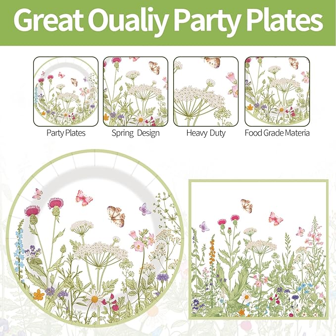 40 pcs Pary Paper Plates and Napkins Disposable Spring Flower 9 inch 20 pcs Dessert Party Plates & 20 pcs Napkins Tableware for Wedding Party Decorations