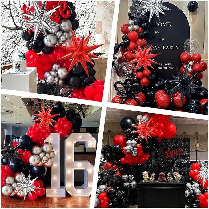 Red and Black Balloon Arch Kit with 3pcs Star Balloons, Red Black and Metallic Silver Balloons Garland Kit for Birthday Red Black Graduation 2025 New Year Party Decorations