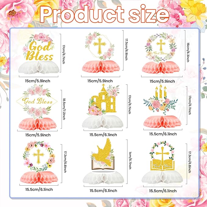 First Communion Centerpieces Baptism Decorations 9 Pcs, Cross & Flower Table Toppers Set, Confirmation Decor for Party, Primera Comunion Decoracion, First Holy Communion Favors Supplies